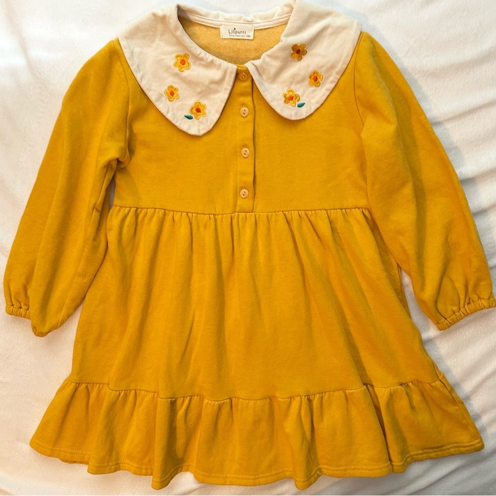 Boutique Lilipurri Babydoll Long Sleeve Dress 7-8 Girls Yellow Flower Collar - Picture 1 of 8